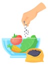 Salad seasoning icon. Hand pouring pepper on vegetables in glass bowl