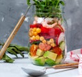 Salad with shrimp and chickpeas in the jar Royalty Free Stock Photo