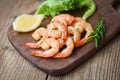 Salad shrimp grilled delicious seasoning spices on wooden cutting board background appetizing cooked shrimps baked prawns , Royalty Free Stock Photo