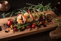 salad with shrimps and arugula on wooden board, Generative AI