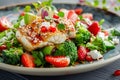 Salad with Smoked Eel Fish, Seafood Salat with Avocado, Feta Cheese, Strawberries, Unagi, Broccoli