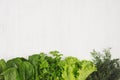 Salad, spinach, dill, parsley sheaves on white wood plank, top view, decorative border.