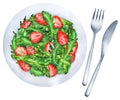 Salad with strawberries arugula and asparagus. Watercolor illustration