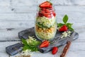 Salad with strawberries and chickpeas in a jar. Royalty Free Stock Photo