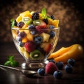 Salad of summer fresh fruits, mango, orange, kiwi, strawberry and blueberry, with mint leaves, in a transparent plate