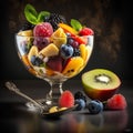 Salad of summer fresh fruits, mango, orange, kiwi, strawberry and blueberry, with mint leaves, in a transparent plate