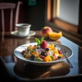 Salad of summer fresh fruits, orange, kiwi, apples and strawberries on plate on the table in a cafe Royalty Free Stock Photo