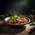 Salad of summer fresh fruits, orange, kiwi, apples and strawberries on plate on the table in a cafe Royalty Free Stock Photo