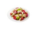 Salad with three kinds of tomatoes, boiled white kidney beans and croutons Royalty Free Stock Photo