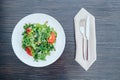 Salad with tomatoes, arugula, sunflower seeds and herbs on white ceramic plate over rustic wood background Royalty Free Stock Photo