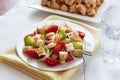 Salad with tomatoes, boiled white kidney beans and croutons Royalty Free Stock Photo