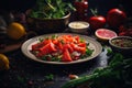 salad with tomatoes cucumbers and herbs on a wooden table