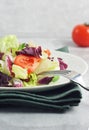 Salad with tomatoes, leaves in a plate on the table.