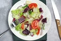 Salad with tomatoes, leaves in a plate on the table.