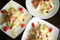 Salad top view. Plates on table. Food photography concept. Healthy diet