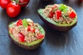 Salad with tuna, avocado, tomatos, coriander and lemon juice served in avocado bowls, ingredients on background, horizontal Royalty Free Stock Photo