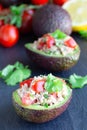 Salad with tuna, avocado, tomatos, coriander and lemon juice served in avocado bowls, ingredients on background, vertical Royalty Free Stock Photo