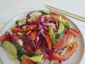 Salad, vegetarian chinese food on a wooden background Royalty Free Stock Photo