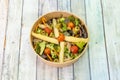 salad with white asparagus, pitted olives, cherry tomatoes, canned northern bonito and assorted lettuce shoots Royalty Free Stock Photo