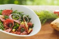 Salad in white bowl on a background of nature