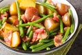 Salade Liegeoise Belgian salad with potatoes, bacon and green beans closeup on the plate. Horizontal