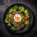Salade Lyonnaise On A Black Ornate Round Smooth Plate, French Dish. Generative AI