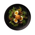 Salade Lyonnaise On Black Smooth Round Plate, French Dish. Generative AI