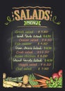 Salads menu list chalkboard design with vegetables Royalty Free Stock Photo