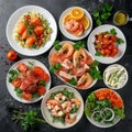 Salads Set, Various Meat and Vegetable Salats with Salmon, Shrimps, Tomatoes, Spices Top View Royalty Free Stock Photo