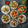 Salads Set, Various Meat and Vegetable Salats with Salmon, Shrimps, Tomatoes, Spices Top View Royalty Free Stock Photo