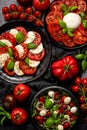 Salads with traditional italian burrata and mozzarella cheese with arugula and tomatoes