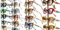 Display rack full of various sunglasses. Royalty Free Stock Photo