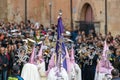 SALAMANCA, SPAIN - APRIL 18, 2019: Typical scene of the Spanish Holy Week, with religious dressing the typical Easter cap, music Royalty Free Stock Photo