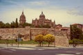 Dome and steeple from New Cathedral and street at Salamanca Royalty Free Stock Photo