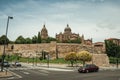 Dome and steeple from New Cathedral and street at Salamanca Royalty Free Stock Photo