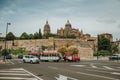 Dome and steeple from New Cathedral and street at Salamanca Royalty Free Stock Photo