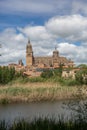 Majestic view at the gothic building at the Salamanca cathedral tower cupola dome and University of Salamanca tower cupola dome, Royalty Free Stock Photo