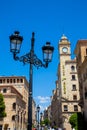 View of the beautiful street lamps and antique buildings at Zamora Street in Salamanca city center