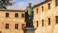 Salamanca, Spain, November 15, 2023. Plateresque doorway of the University of Salamanca and statue of Fray Luis de Leon.