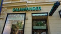 Salamander shoes logo in front of their store in Prague. Salamander is a German fashion retailer specialized in Shoes Royalty Free Stock Photo