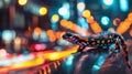 A salamander traverses the city under the Southern Lights a living metaphor for the resilience in cybersecurity and programming