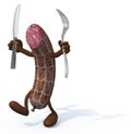 Salami with arms, legs fork and knife on hands