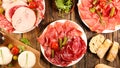 Salami, bacon, ham assorted with bread Royalty Free Stock Photo