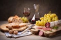 Salami, bread, grapes and red wine in rustic setting Royalty Free Stock Photo