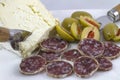 Salami, Cheese and Olives Royalty Free Stock Photo