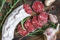 Salami jerked sausage with rosemary, garlic and pepper over wooden background. top view