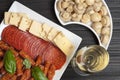 Salami, kabanos, cheese starters and wine Royalty Free Stock Photo