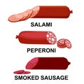 Salami, peperoni and smoked sausage. Collection of meat products. Vector illustration.