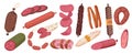 Salami, Pepperoni Smoked Sausage, Beef Meat and Ham Farm or Butcher Store Production. Bacon, Boiled Sausage Delicatessen