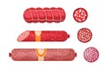 Salami, Pepperoni Smoked Sausage, Premium Meat products Whole and Sliced Kielbasa. Delicatessen Production, Meal, Wurst